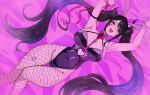  1girl :d absurdres armpits arms_up ass_visible_through_thighs asymmetrical_horns bed_sheet black_hair black_leotard blue_hair bow bowtie breasts cleavage clothing_cutout colored_inner_hair commentary covered_navel cuffs cutout_above_navel daydarion detached_collar english_commentary fishnet_pantyhose fishnets flower hair_ornament handcuffs heart_cutout highres hololive hololive_english horn_flower horns large_breasts leotard long_hair looking_at_viewer lying mole mole_on_thigh mole_under_eye multicolored_hair nerissa_ravencroft o-ring o-ring_thigh_strap on_back open_mouth pantyhose pink_bow pink_bowtie playboy_bunny purple_eyes rabbit_hole_(vocaloid) sidelocks slit_pupils smile solo thigh_strap twintails uneven_horns very_long_hair virtual_youtuber x_hair_ornament 