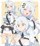  ! !? 1girl 3: :d ahoge bandaid bandaid_on_face bandaid_on_nose belt_pouch black_bow black_necktie blush boots border bow breasts bright_pupils bustier chest_belt cleavage closed_mouth collared_jacket commentary commission english_commentary epaulettes feet_out_of_frame fold-over_boots grid_background hair_between_eyes hair_ornament hair_over_shoulder half-closed_eyes jacket knee_boots large_breasts long_sidelocks looking_at_viewer low_side_ponytail medium_hair midriff_peek military_uniform miniskirt multiple_views musical_note navel necktie nervous_sweating no_nose open_clothes open_jacket open_mouth original outline outside_border pleated_skirt pouch short_necktie side_ponytail sidelocks signature simple_background skeb_commission skirt smile spoken_exclamation_mark standing sweat sword thank_you thighhighs twirling_hair upper_body uruti_2388 weapon white_boots white_border white_bustier white_hair white_jacket white_outline white_pupils white_skirt white_thighhighs wide-eyed yellow_background yellow_eyes zettai_ryouiki 