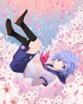  1boy androgynous blue_eyes blue_hair blue_sailor_collar blue_shirt blue_shorts blue_sky brown_shoes brown_socks cherry_blossoms child commentary_request falling full_body geev male_focus multicolored_shirt original red_sailor_collar sailor_collar school_uniform serafuku shirt shoes short_hair shorts sky socks white_serafuku 