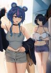  2girls absurdres alternate_costume animal_ears aqua_eyes aqua_streaks bare_shoulders bear_ears bear_girl black_choker black_hair black_jacket blue_camisole blue_eyes blue_hair blue_shorts breasts camisole can choker cleavage commentary crop_top denim denim_shorts english_commentary erina_makina fujikura_uruka grey_shorts hansart17 highres holding holding_can jacket large_breasts long_sleeves looking_at_another medium_breasts midriff multicolored_hair multiple_girls navel open_clothes open_jacket open_mouth outdoors phase_connect pink_streaks shirt short_hair_with_long_locks short_shorts short_sleeves shorts sidelocks sleeves_past_wrists standing streaked_hair tiger_ears tiger_girl virtual_youtuber white_shirt 