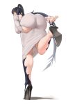  1girl adjusting_clothes adjusting_shoe anagumasan ass au_ra black_hair black_shoes brown_eyes closed_mouth commission dongtan_dress dragon_horns dragon_tail dress final_fantasy final_fantasy_xiv from_behind from_below grey_dress hand_on_own_ass high_heels highres horns long_hair original sapphira_nyx scales shadow shoes simple_background smile solo stiletto_heels tail warrior_of_light_(ff14) white_background 