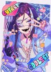  1boy :d banzoin_hakka banzoin_hakka_(5th_costume) bird_hair_ornament black_choker black_hands blue_eyes blue_hair blue_jacket bow cake cake_slice cellphone choker colored_extremities cross-laced_clothes cross-laced_top eyepatch face_piercing fangs fingernails flip_phone flower food food-themed_hair_ornament frilled_jacket frills fruit hair_ornament hairclip hakkito_(banzoin_hakka) highres holding holding_phone holostars holostars_english hood hooded_jacket ice_cream_cone jacket koipanion_(josuiji_shinri) lip_piercing machiroon_(machina_x_flayon) male_focus multicolored_hair nail_polish official_alternate_costume open_mouth orange_(fruit) phone piercing purikura purple_hair purple_nails sharp_fingernails sleeves_past_wrists smile solo star_(symbol) sticker strawberry_hair_ornament streaked_hair upper_body v v_over_eye virtual_youtuber white_hair white_nails white_streaks x_hair_ornament yuuabyss 
