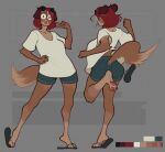 2026 4_toes anthro bottomwear brown_body brown_eyes brown_fur butt canid canine canis clothed clothing color_swatch contrapposto denim denim_bottomwear denim_clothing denim_shorts dipstick_tail domestic_dog feet female fist flip_flops floppy_ears footwear fur gesture hair hand_gesture hand_on_hip hi_res horn looking_at_viewer mammal markings model_sheet on_one_leg open_mouth open_smile pawpads plantigrade_pawpads raised_calf raised_leg red_hair sandals saucymauler shirt shoes short_hair shorts simple_background smile soles spikedmauler_(fursona) standing t-shirt tail tail_markings tiptoes toes tongue tongue_out topwear trans_(lore) trans_woman_(lore) v_sign