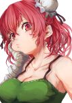  1girl absurdres alternate_costume bandaged_arm bandages breasts camisole cleavage closed_mouth collarbone commentary_request green_camisole hand_on_own_cheek hand_on_own_face highres ibaraki_kasen large_breasts looking_at_viewer medium_hair nuru_himmel pink_hair simple_background solo touhou upper_body white_background 