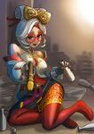  1girl bare_shoulders blush book book_stack bottle breasts choko_(cup) commentary_request cup drunk flute full_body gloves goggles goggles_on_head grey_gloves hair_ornament hair_stick headband holding holding_flute holding_instrument ini4illust instrument krita_(medium) medium_breasts purah recorder red-framed_eyewear red_headband round_eyewear sake_bottle sheikah sitting solo the_legend_of_zelda the_legend_of_zelda:_tears_of_the_kingdom white_hair 