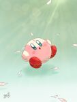  :o afloat blue_eyes blush_stickers commentary_request full_body green_background highres kirby kirby_(series) no_humans odayaka_(odk_yuk) open_mouth petals signature sunlight water 