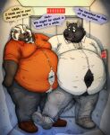 2026 against_surface against_wall anthro badger belly belly_press belly_squish big_belly black_body black_fur brown_body brown_fur bursik_(bursikbadger) button_(fastener) canid canine canis clothing comic_sans deep_navel dialogue digital_drawing_(artwork) digital_media_(artwork) duo elevator english_text fur huge_belly lukoi male male/male mammal moobs mustelid musteline navel obese obese_male orange_clothing orange_shirt orange_topwear overweight overweight_male pushbutton shirt speech_bubble squish standing straining_buttons stuck stuck_together text topwear white_body white_clothing white_fur white_shirt white_topwear wolf worried