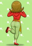  1girl 5-volt absurdres apron ass ass_focus back_bow blush bow brown_eyes brown_hair capri_pants curled_ends from_behind green_background green_pants hair_ornament hairclip highres hood hoodie long_sleeves nintendo pants patterned_background red_hoodie red_shoes shoes short_hair solo standing standing_on_one_leg tight_clothes tight_pants warioware yellow_apron yusaiii 