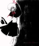  1girl capelet commentary_request cross hat j-dragon long_sleeves medium_hair monochrome neck_ribbon no_shoes red_cross red_ribbon ribbon sketch skirt socks solo spot_color touhou translation_request unworn_hat unworn_headwear usami_renko 