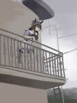  1girl against_railing animal_ears balcony beanie bow bowtie brown_hair commentary hand_on_own_cheek hand_on_own_face hat highres horse_ears horse_girl horse_tail juan_(meme) medium_hair meme miniskirt nakayama_festa_(umamusume) pleated_skirt purple_bow purple_bowtie purple_eyes purple_shirt railing reinren_sa sailor_collar school_uniform shirt short_sleeves skirt solo standing summer_uniform tail thighhighs tracen_school_uniform umamusume white_sailor_collar white_skirt white_thighhighs 