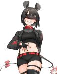  2girls absurdres animal_ears backup_dancer_(hakos_baelz) black_gloves black_hair black_jacket black_nails black_thighhighs blindfold_mask breasts cropped_jacket fingerless_gloves gloves hakos_baelz highres hololive hololive_english jacket lowleg lowleg_shorts maplesights mask medium_breasts midriff mouse_ears mouse_girl mouse_tail multicolored_hair multiple_girls navel open_clothes open_jacket red_hair sharp_teeth shorts solo_focus streaked_hair tail teeth thighhighs virtual_youtuber white_background white_hair 