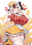  1girl aningay apron black_hair breasts carhop commentary dress heart heart_hands highres large_breasts looking_at_viewer one_eye_closed original pinstripe_dress pinstripe_pattern red_hair roller_skates short_twintails skates skirt smile solo twintails visor_cap waist_apron waitress white_apron white_hair yellow_eyes yellow_skirt 