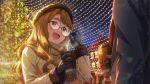  1boy 1girl :d bespectacled black_gloves brown_hair brown_hat brown_scarf card_commentary christmas christmas_tree coffee commentary_request cup disposable_coffee_cup disposable_cup game_asset glasses gloves hat holding holding_cup idolmaster idolmaster_million_live! idolmaster_million_live!_theater_days long_hair long_sleeves looking_at_another miyao_miya night official_art open_mouth out_of_frame outdoors producer_(idolmaster) round_eyewear scarf smile thick_eyebrows third-party_source 