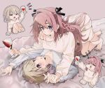  2girls alcohol avarangers bed_sheet black_ribbon blue_eyes blush breasts brown_hair chibi chibi_inset cleavage commentary_request cup dress drink drunk hair_intakes hair_ribbon holding holding_cup holding_drink holding_hands interlocked_fingers kamiina_botan kamiina_botan_yoeru_sugata_wa_yuri_no_hana long_sleeves looking_at_another lying lying_on_person multiple_girls notice_lines open_mouth parted_lips pink_hair purple_eyes ribbon short_hair tonami_ibuki two_side_up yuri 