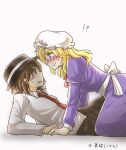  !? 2girls asymmetrical_sidelocks back_bow black_hat black_skirt blue_eyes blush bow brown_eyes brown_hair changeability_of_strange_dream collared_shirt commentary_request dress hair_bow hat j-dragon kneeling long_hair long_sleeves looking_at_viewer maribel_hearn medium_hair mob_cap multiple_girls neck_ribbon necktie on_floor purple_dress red_necktie red_ribbon ribbon ribbon-trimmed_sleeves ribbon_trim shirt sidelocks skirt sleeve_garter sweatdrop touhou translation_request usami_renko white_background white_bow white_hat white_shirt yuri 