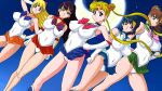  5girls aino_minako bishoujo_senshi_sailor_moon bishoujo_senshi_sailor_moon_(first_season) blonde_hair blue_hair blue_sailor_collar blue_skirt breasts brown_hair cameltoe choker circlet clenched_hand commentary_request covered_nipples crescent_moon double_bun dutch_angle earrings elbow_gloves frown gloves green_choker green_sailor_collar green_skirt hair_bun hair_ribbon hand_on_own_hip highres hino_rei inner_senshi jewelry kino_makoto large_breasts lento_(glamour_works) leotard leotard_peek long_hair magical_girl microskirt mizuno_ami moon multiple_girls navel night orange_choker orange_sailor_collar orange_skirt panties ponytail purple_hair red_choker red_sailor_collar red_skirt ribbon sailor_collar sailor_jupiter sailor_mars sailor_mercury sailor_moon sailor_senshi sailor_senshi_uniform sailor_venus short_hair skirt sky smile star_(sky) starry_sky transformation_brooch_(sailor_moon) tsukino_usagi twintails underwear upskirt white_gloves 