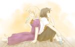  back-to-back barefoot black_hair black_skirt blonde_hair bottle bow bowtie closed_eyes collared_dress collared_shirt commentary contrast_collar dress food frilled_dress frills hand_on_ground hand_on_own_chin hand_rest holding holding_food holding_popsicle long_skirt maribel_hearn medium_hair missing_headwear necktie open_mouth popsicle purple_dress red_bow red_bowtie red_necktie shirt shirt_tucked_in sideways_mouth sitting skirt touhou unagi_sango usami_renko water_bottle white_shirt 