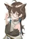  1girl adjusting_eyewear ahoge arknights bare_shoulders black_dress brown_hair commentary_request dress earrings glasses haniwakun2006 highres jewelry long_hair looking_at_viewer official_alternate_costume one-hour_drawing_challenge owl_ears owl_girl rhine_lab_logo silence_(arknights) silence_the_paradigmatic_(arknights) simple_background sleeveless sleeveless_dress solo upper_body white_background yellow_eyes 