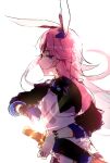  1girl animal_ears black_gloves black_jacket chinese_commentary closed_mouth commentary_request fox_ears gloves headphones highres holding holding_sword holding_weapon honkai_(series) honkai_impact_3rd jacket juine katana long_hair looking_at_viewer pink_hair purple_eyes sheath sheathed shirt simple_background single_glove solo sword upper_body weapon white_background white_shirt yae_sakura yae_sakura_(goushinnso_memento) 