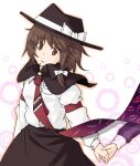  2girls black_capelet black_hat black_skirt bow brown_hair buttons capelet collared_shirt commentary dress frilled_bow frills gap_(touhou) hair_bow hat hat_bow holding_hands long_sleeves maribel_hearn medium_hair multiple_girls necktie purple_dress red_necktie shirt shirt_tucked_in skirt sleeve_cuffs sleeve_garter solo_focus touhou unagi_sango usami_renko white_background white_bow white_shirt 