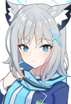  1girl adjusting_scarf amenaka animal_ear_fluff animal_ears blue_archive blue_eyes blue_jacket blush closed_mouth commentary cross_hair_ornament hair_ornament halo hand_up highres jacket long_sleeves looking_at_viewer mismatched_pupils scarf shiroko_(blue_archive) shirt simple_background solo white_background white_shirt wolf_ears 