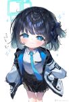  1girl alternate_hairstyle amanatsu_uni aqua_halo aris_(blue_archive) black_hair black_hairband black_jacket black_skirt blue_archive blue_eyes blue_halo blue_necktie blunt_bangs blush collared_shirt commentary_request cropped_legs hairband halo highres jacket leaning_forward looking_at_viewer medium_hair multicolored_jacket necktie one_side_up open_clothes open_jacket pleated_skirt puff_of_air rectangular_halo ringed_eyes shirt signature simple_background skirt sleeves_past_wrists smile solo sparkle translation_request two-tone_jacket white_background white_jacket white_shirt 
