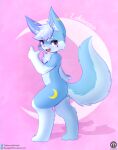 absurd_res anthro blue_body blue_fur blush canid canine canis fur hi_res invalid_tag looking_at_viewer mammal markings moon_(marking) senz solo standing text url wolf