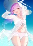  1girl ahoge atsuko_(blue_archive) atsuko_(swimsuit)_(blue_archive) bikini blue_archive coat collarbone commentary cross_halo frilled_bikini frills halo hat highres jacket kagu_(a_hazy_moon) navel official_alternate_costume see-through_clothes see-through_coat see-through_jacket see-through_shirt shirt solo sun_hat swimsuit white_bikini white_halo white_hat 