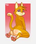 anthro arctic_song butt domestic_cat felid feline felis fur hi_res looking_at_viewer looking_back male mammal nude pawpads paws raised_tail shaded simple_shading smile smirk solo tail yellow_body yellow_fur
