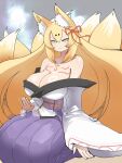  >:) 1girl animal_ears aqua_eyes blonde_hair breast_tattoo breasts cleavage commentary_request eyeshadow fox_ears fox_girl fox_tail grey_background hair_between_eyes hair_ornament hair_ribbon highres hitodama large_breasts long_hair makeup mon-musu_quest! mon-musu_quest:_paradox multiple_tails neck_tattoo official_artist_extra patting_lap purple_sash red_eyeshadow red_ribbon ribbon sash seiza setouchi_(blackse) simple_background sitting solo tail tamamo_(monster_realm)_(mon-musu_quest!) tattoo v-shaped_eyebrows 