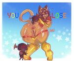  2026 animal_humanoid anus armwear blue_background bodily_fluids breasts brown_body brown_fur brown_hair butt butt_tuft cat_tail clothing cosmic_background damnpai exposed_breasts felid felid_humanoid feline feline_humanoid female flying_sweatdrops fur gameoverse genitals glistening glistening_breasts glistening_butt glistening_clothing glistening_genitalia glistening_vulva glitch_productions gloves hair handwear humanoid kit_(gameoverse) legwear mammal mammal_humanoid medium_breasts medium_hair rainbow_text rear_view red_clothing red_gloves red_handwear signature simple_background solo spread_butt spreading star starry_background sweat sweatdrop text topwear tuft vulva yellow_armwear yellow_clothing yellow_legwear yellow_topwear 
