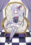  1boy androgynous black_background black_corset black_shoes chair checkered_background child commentary_request corset full_body geev grey_eyes grey_hair grey_shirt grey_thighhighs hat long_sleeves male_focus mini_hat original shirt shoes shorts sitting sparkle thighhighs white_background white_hat white_shorts 