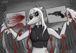 amber_eyes anthro artist_name black_clothing black_crop_top black_shirt black_topwear blood blood_on_hand blood_splatter bodily_fluids breasts cavemanon_studios claws clothed clothed_anthro clothed_female clothing colored crop_top elbow_feathers fang_(gvh) feathered_wings feathers female fence filiobtd finger_claws fingers front_view goodbye_volcano_high grey_theme gun hair half-length_portrait handgun hi_res holding_object holding_paper humanoid_hands jewelry ko_op_(game_developer) long_hair looking_at_viewer medium_breasts moody necklace non-mammal_breasts outside paper portrait prehistoric_species pterosaur ranged_weapon reptile revolver scalie shaded shirt smile snoot_game solo suicide text topwear weapon wings