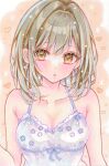  1girl armpit_crease blonde_hair blush breasts brown_background camisole cleavage commentary dot_nose hair_intakes hananagi_honoka heart heart_background highres looking_at_viewer marker_(medium) medium_breasts orange_eyes original parted_bangs parted_lips solo spaghetti_strap traditional_media upper_body white_camisole 