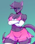 anthro big_breasts black_body black_fur black_hair black_nose blue_eyes bottomwear bra breasts cheerleader choker cleavage clothed clothing crossed_arms elbow_gloces eyelashes eyeshadow felid female female_anthro fur gloves green_background hair handwear hi_res jewelry makeup mammal midriff navel necklace pantherine pink_bottomwear pink_clothing pink_skirt randomgloves short_hair simple_background skirt solo sports_bra tail thick_thighs underwear white_clothing white_gloves white_handwear wide_hips