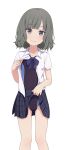  1girl absurdres black_one-piece_swimsuit black_skirt clothes_lift collared_shirt competition_swimsuit dress_shirt feet_out_of_frame flat_chest grey_eyes grey_hair highres na-suke one-piece_swimsuit original plaid_clothes plaid_skirt pleated_skirt school_uniform shirt short_hair skirt skirt_lift smile solo swimsuit swimsuit_under_clothes wavy_hair white_shirt 