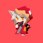  1girl :| absurdres animal_ears arknights backpack bag black_bag blush chibi closed_mouth fur-trimmed_hood fur_trim grey_hair grey_shirt highres hood hood_up hooded_jacket jacket jitome long_sleeves looking_at_viewer nuu_(nu-nyu) open_clothes open_jacket projekt_red_(arknights) red_eyes red_jacket shirt short_hair simple_background solo upper_body wolf_ears wolf_girl yellow_eyes 
