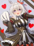  1girl adversarial_noise animal_ears bare_shoulders black_dress blush bow breasts coat commentary_request curren_chan_(fille_eclair)_(umamusume) curren_chan_(umamusume) dress ear_bow ear_covers garter_straps gloves grey_hair hair_between_eyes hand_on_own_face handkerchief heart highres holding holding_unworn_clothes horse_ears horse_girl horse_tail large_breasts long_sleeves looking_at_viewer off-shoulder_coat off-shoulder_dress off-shoulder_jacket off_shoulder open_mouth purple_eyes red_bow red_thighhighs short_hair simple_background smile solo striped_clothes striped_dress suraimu696 tail thighhighs umamusume vertical-striped_clothes vertical-striped_dress white_dress white_gloves 