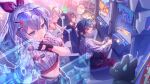  1boy 3girls absurdres animalization arcade_cabinet bandaged_arm bandages black_gloves blade_(honkai:_star_rail) closed_eyes commentary_request dan_heng_(honkai:_star_rail) dan_heng_(woof_woof_dan)_(honkai:_star_rail) dog eyewear_on_head fingerless_gloves firefly_(honkai:_star_rail) gloves grey_eyes grey_hair guest_art hair_between_eyes hairband highres holographic_interface honkai:_star_rail honkai_(series) kafka_(honkai:_star_rail) long_sleeves midriff multiple_girls navel notice_lines open_mouth purple_eyes purple_hair raccoon silver_wolf_(honkai:_star_rail) sitting sparkle steering_wheel stellaron_hunters_(honkai:_star_rail) sunglasses trailblazer_(baseball_raccoon)_(honkai:_star_rail) trailblazer_(honkai:_star_rail) zassyoku_dd 
