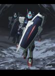  beam_rifle blue_eyes commentary_request energy_gun g.yamamoto gundam gundam_seed highres holding holding_shield holding_weapon marching mecha mecha_focus mobile_suit mountain no_humans robot science_fiction shield signature strike_dagger weapon 