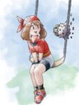  1girl :d bandana bike_shorts black_socks blue_background brown_hair commentary english_commentary fanny_pack full_body gloves greatmothsucks grey_eyes looking_at_another may_(pokemon) on_swing open_mouth parody pokemon pokemon_(creature) pokemon_ruby/sapphire/emerald red_bandana red_shirt red_shoes shirt shoes shorts simple_background sitting smile socks spewpa style_parody sugimori_ken_(style) swing white_gloves white_shorts 