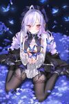  1girl absurdres ahoge ascot black_nails black_pantyhose blue_butterfly blush bow bowtie breasts bug butterfly commentary_request devil_heavens drill_hair flower gem hands_up high_heels highres long_hair long_sleeves looking_at_viewer mole mole_under_eye multicolored_hair pantyhose patterned_legwear pointy_ears purple_ascot purple_bow purple_bowtie purple_flower purple_gem purple_hair red_eyes shrug_(clothing) sideboob_cutout sitting solo streaked_hair vivian_banshee wariza white_shrug zenless_zone_zero 