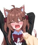  2girls absurdres ahoge animal_ear_fluff animal_ears arm_above_head arm_behind_head black_cardigan blush bow bowtie brown_hair cardigan cat_ears cat_tail closed_eyes collared_shirt evil_neuro-sama evil_neuro-sama_(1st_costume) fang hair_intakes hair_ornament hair_ribbon highres hororin long_hair motion_blur multiple_girls neuro-sama neuro-sama_(1st_costume) open_mouth out_of_frame pointing pointing_at_another pov pov_hands raised_inner_eyebrows red_bow red_bowtie red_ribbon ribbon shirt simple_background skin_fang skull_hair_ornament sleeves_past_wrists solo tail tearing_up torn_bowtie torn_hair_ribbon vedal_ai virtual_youtuber white_background white_shirt yawning 