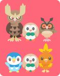  bow bowtie commentary_request green_bow green_bowtie hoothoot looking_to_the_side no_humans noctowl open_mouth original piplup pokemon pokemon_(creature) pokemon_focus red_background red_eyes rizu_(rizunm) rowlet simple_background torchic 