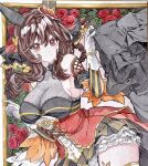  1girl animal_ears bare_shoulders blush braid braided_hair_rings breasts brown_hair cleavage closed_mouth commentary_request corset detached_sleeves dress ear_covers ear_ornament flan27 flower gentildonna_(regina_dei_fiori)_(umamusume) gentildonna_(umamusume) gloves hair_between_eyes hair_ornament hair_rings heart-shaped_ornament heart_ear_ornament highres horse_ears horse_girl large_breasts long_hair looking_at_viewer red_corset red_eyes red_flower red_rose rose see-through_cleavage see-through_clothes smile solo traditional_media umamusume white_gloves 