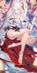  1girl bare_legs barefoot blush breasts chinese_commentary closed_mouth commentary_request hakama hakama_skirt highres hiyuki_(wuthering_waves) holding holding_sword holding_weapon japanese_clothes katana kimono large_breasts long_hair long_sleeves looking_at_viewer melailai off_shoulder ponytail red_eyes red_hakama signature skirt solo sword toes weapon white_hair white_kimono wuthering_waves 