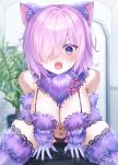  1girl animal_ears blush breasts elbow_gloves fate/grand_order fate_(series) fur-trimmed_gloves fur-trimmed_legwear fur-trimmed_thighhighs fur_bikini fur_collar fur_trim gloves gnu36 halloween_costume highres lace-trimmed_thighhighs lace_trim large_breasts looking_at_viewer mash_kyrielight mash_kyrielight_(dangerous_beast) navel o-ring o-ring_top open_mouth purple_eyes purple_gloves purple_tail purple_thighhighs revealing_clothes short_hair solo tail thighhighs wolf_ears wolf_tail 