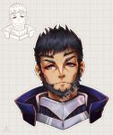  1boy beard black_hair closed_mouth facial_hair fire_emblem fire_emblem_engage grey_armor highres looking_to_the_side male_focus mature_male mauvier_(fire_emblem) max_art149 portrait thick_beard 