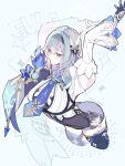  1girl arms_up black_gloves black_hairband blue_hair blue_necktie boots character_name commentary_request cropped_legs eula_(genshin_impact) facing_ahead from_side genshin_impact gloves hair_ornament hairband highres karaage_ha_315 long_sleeves medium_hair necktie solo thigh_boots unitard vision_(genshin_impact) watermark yellow_eyes 