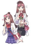  2girls absurdres ace_attorney age_comparison apollo_justice:_ace_attorney badge bag belt_buckle black_pants blue_skirt blue_vest bow bowtie brown_hair buckle button_badge buttons closed_mouth coat commentary_request contrast_collar cowboy_shot cropped_legs double-breasted eating ema_skye finger_to_cheek flipped_hair green_eyes green_vest hair_bun half_updo hand_up heart highres holding holding_bag lab_coat lapels long_hair long_sidelocks looking_at_viewer looking_to_the_side miniskirt multiple_girls notched_lapels open_clothes open_coat open_mouth pants parted_bangs phoenix_wright:_ace_attorney pink_bag pleated_skirt red-tinted_eyewear red_bow red_bowtie round_eyewear shocho_(shaojiujiu) shoulder_bag sidelocks simple_background skirt sleeves_rolled_up smile snackoos thigh_gap tinted_eyewear vest watch white_background white_coat wristwatch 